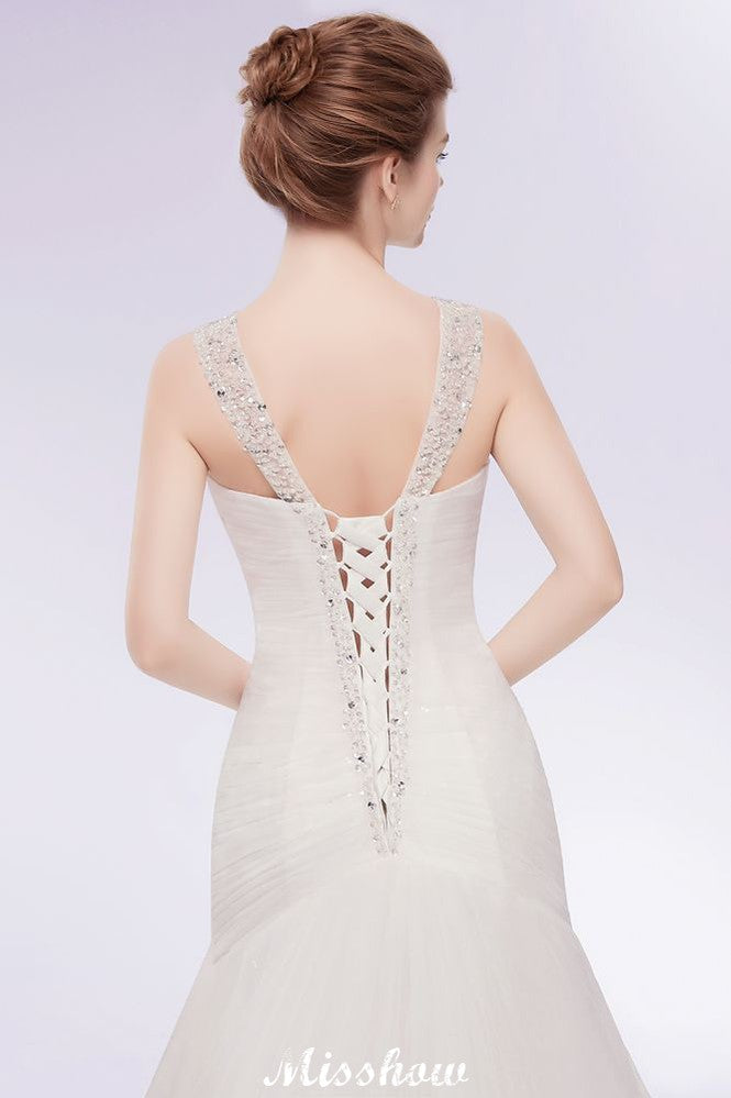 Vestidos de novia de tul con cristales, sirena, escote en V y largo hasta el suelo
