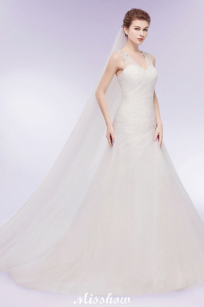 Vestidos de novia de tul con cristales, sirena, escote en V y largo hasta el suelo