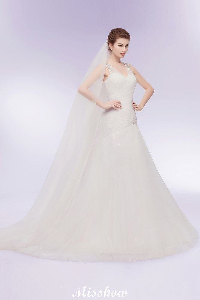Vestidos de novia de tul con cristales, sirena, escote en V y largo hasta el suelo