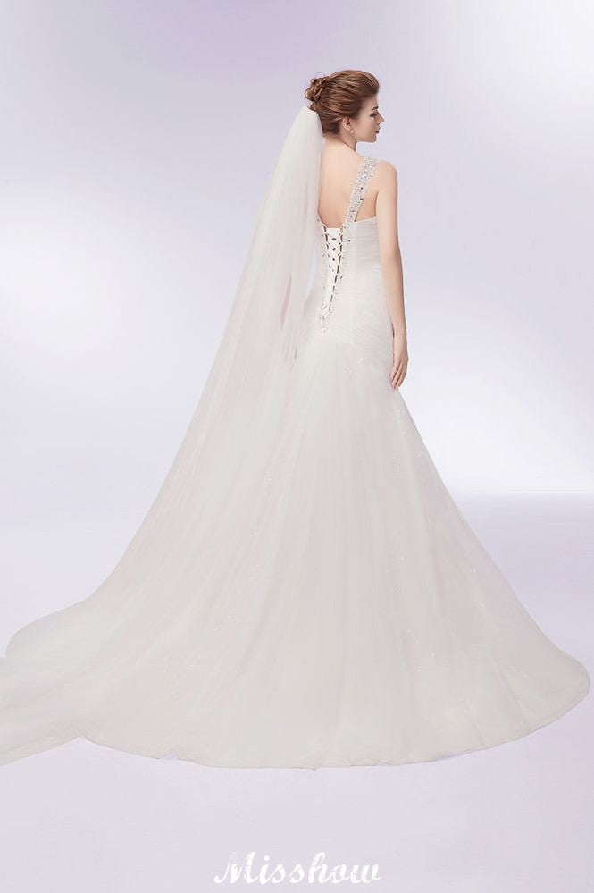Vestidos de novia de tul con cristales, sirena, escote en V y largo hasta el suelo