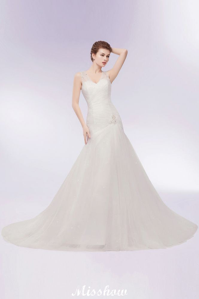 Vestidos de novia de tul con cristales, sirena, escote en V y largo hasta el suelo