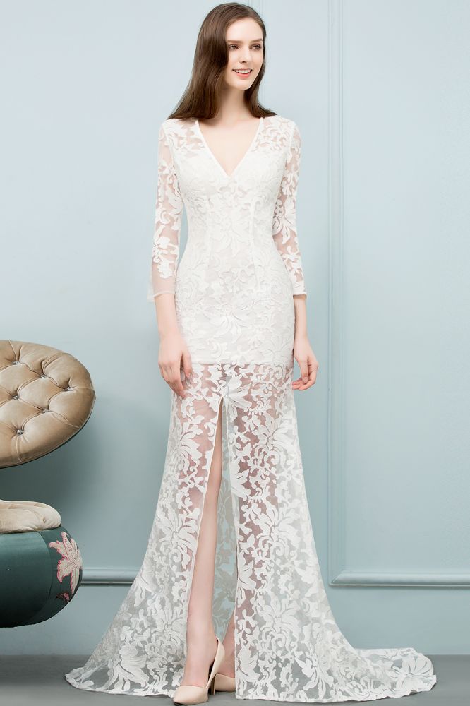 Vestidos de fiesta de sirena con escote en V, largo hasta el suelo, de encaje y mangas