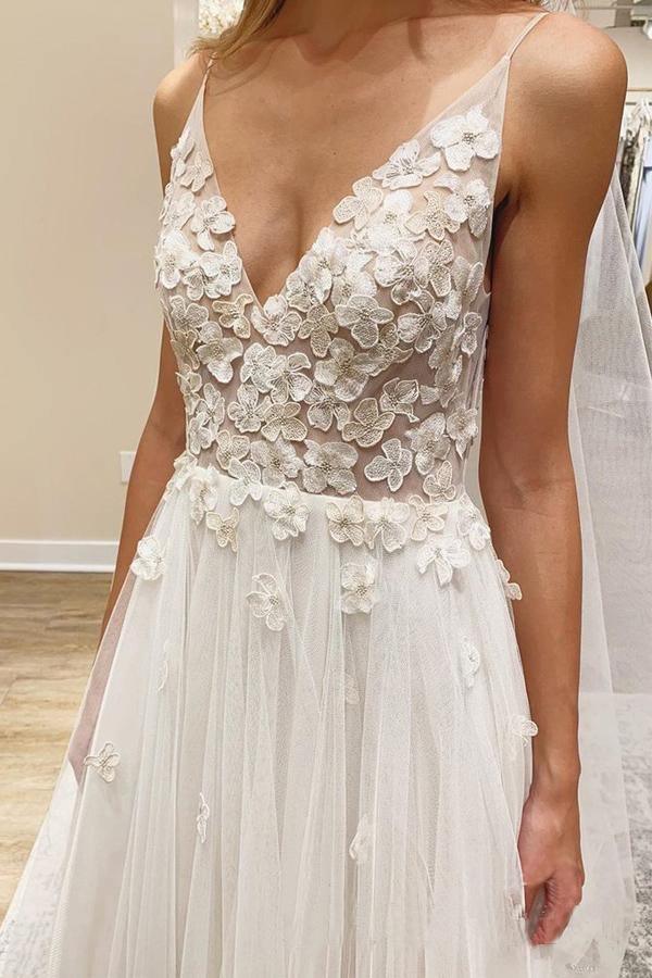 V Neck Ivory Vivid Flowers Wedding Dresses With with Unlined Bodice