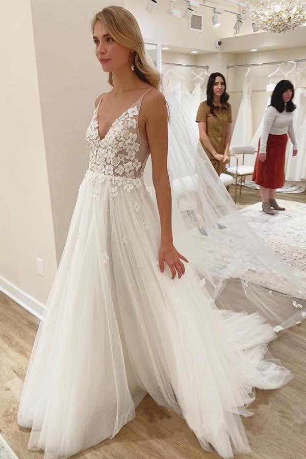 V Neck Ivory Vivid Flowers Wedding Dresses With with Unlined Bodice