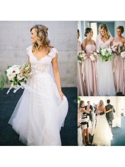A-Linien-Brautkleid mit V-Ausschnitt, Spitzentüll und Flügelärmeln