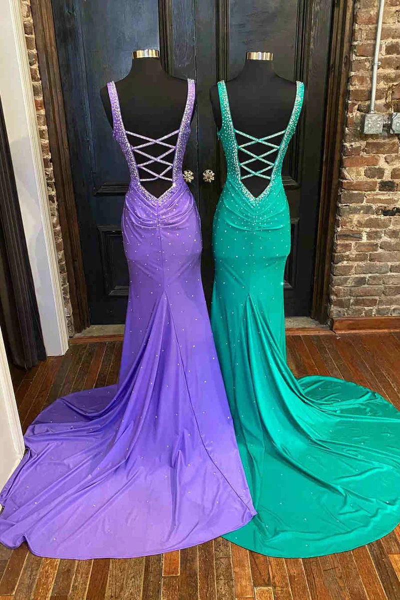Elle | Vestido de fiesta de satén con cuentas, escote en V y espalda cruzada, estilo sirena