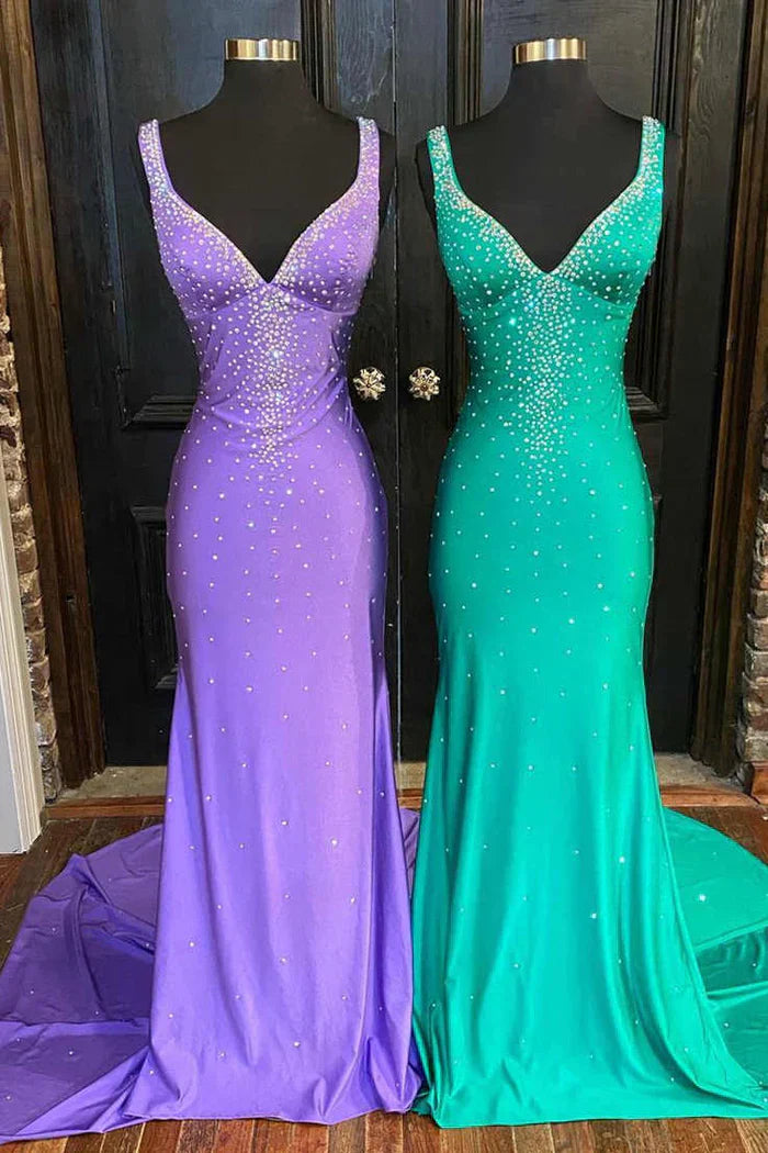 Elle | Vestido de fiesta de satén con cuentas, escote en V y espalda cruzada, estilo sirena