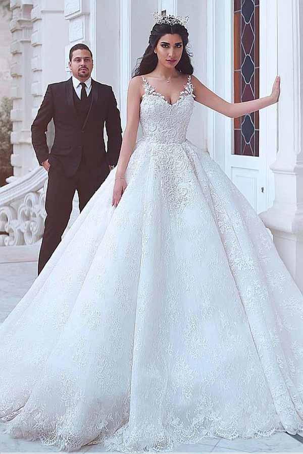 Ballkleid-Brautkleider mit V-Ausschnitt und Spitzenapplikationen