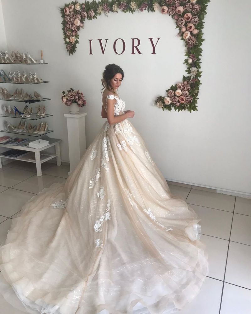 Vestido de novia estilo princesa con escote en V y hombros descubiertos