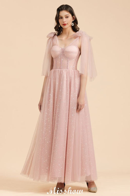 Vestido de dama de honor con escote en V, volantes, mangas abullonadas, corte A, color rosa polvoriento, para fiesta de boda