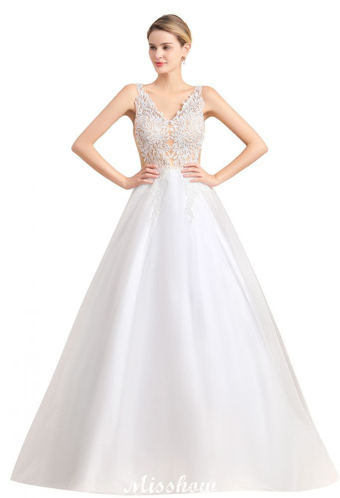 Vestido de novia estilo princesa con escote en V y encaje transparente hasta el suelo
