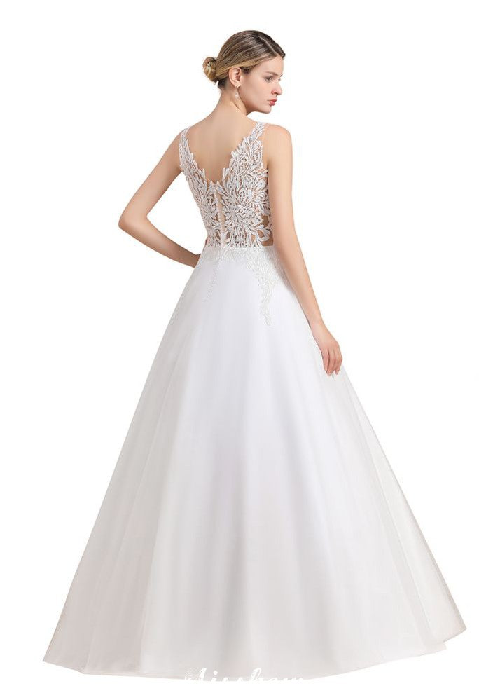 Vestido de novia estilo princesa con escote en V y encaje transparente hasta el suelo