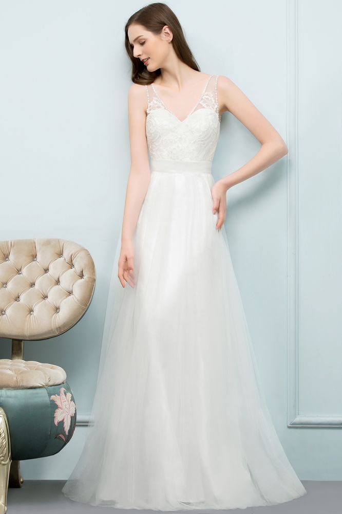 Vestidos de fiesta de tul con encaje, escote en V, sin mangas, corte A y largo hasta el suelo