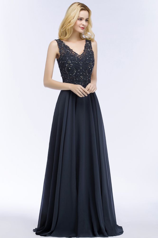 Vestidos de fiesta largos de gasa con apliques de cristales y escote en V sin mangas