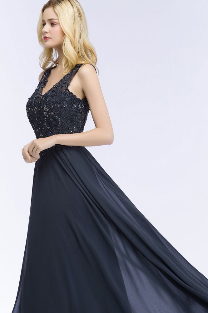 Vestidos de fiesta largos de gasa con apliques de cristales y escote en V sin mangas