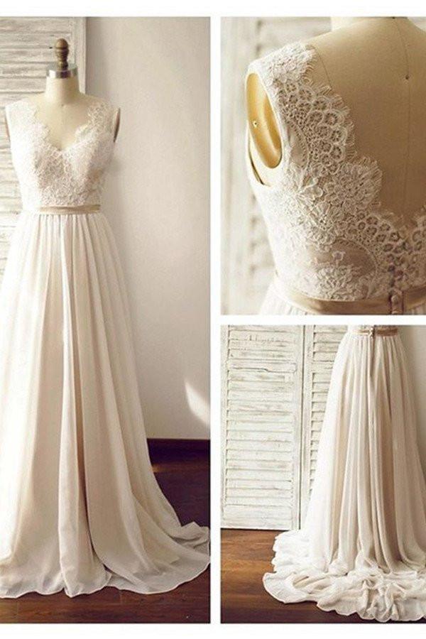 V-neck Sleeveless Open Back Wedding Dress with Lace Sash
