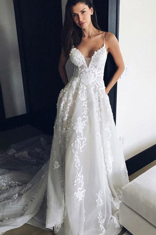 V Neck Spaghetti Straps Appliques Court Train Tulle Wedding Dress