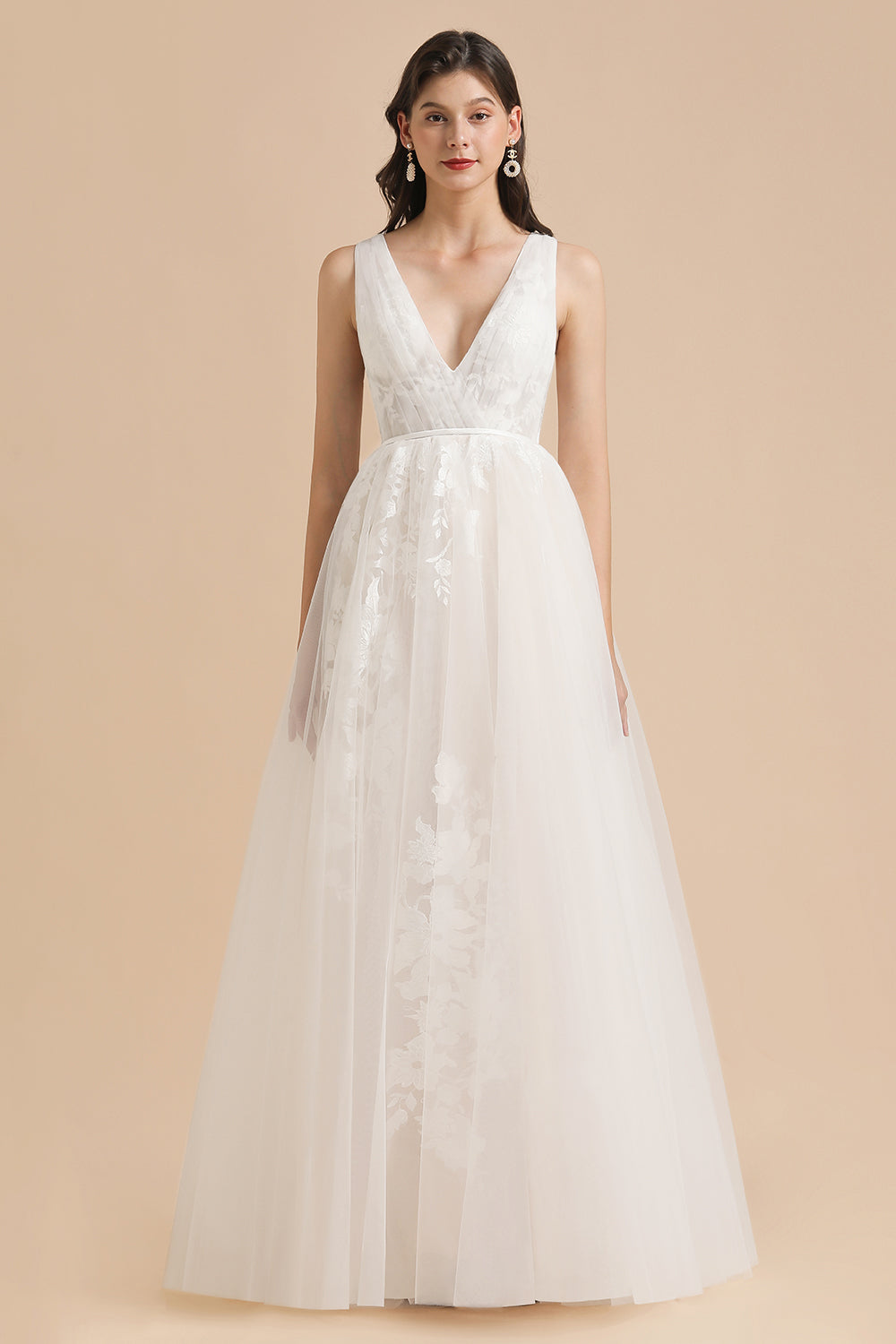 Vestido de novia sencillo con escote en V, apliques de encaje de tul, vestidos de novia de jardín, largo hasta el suelo