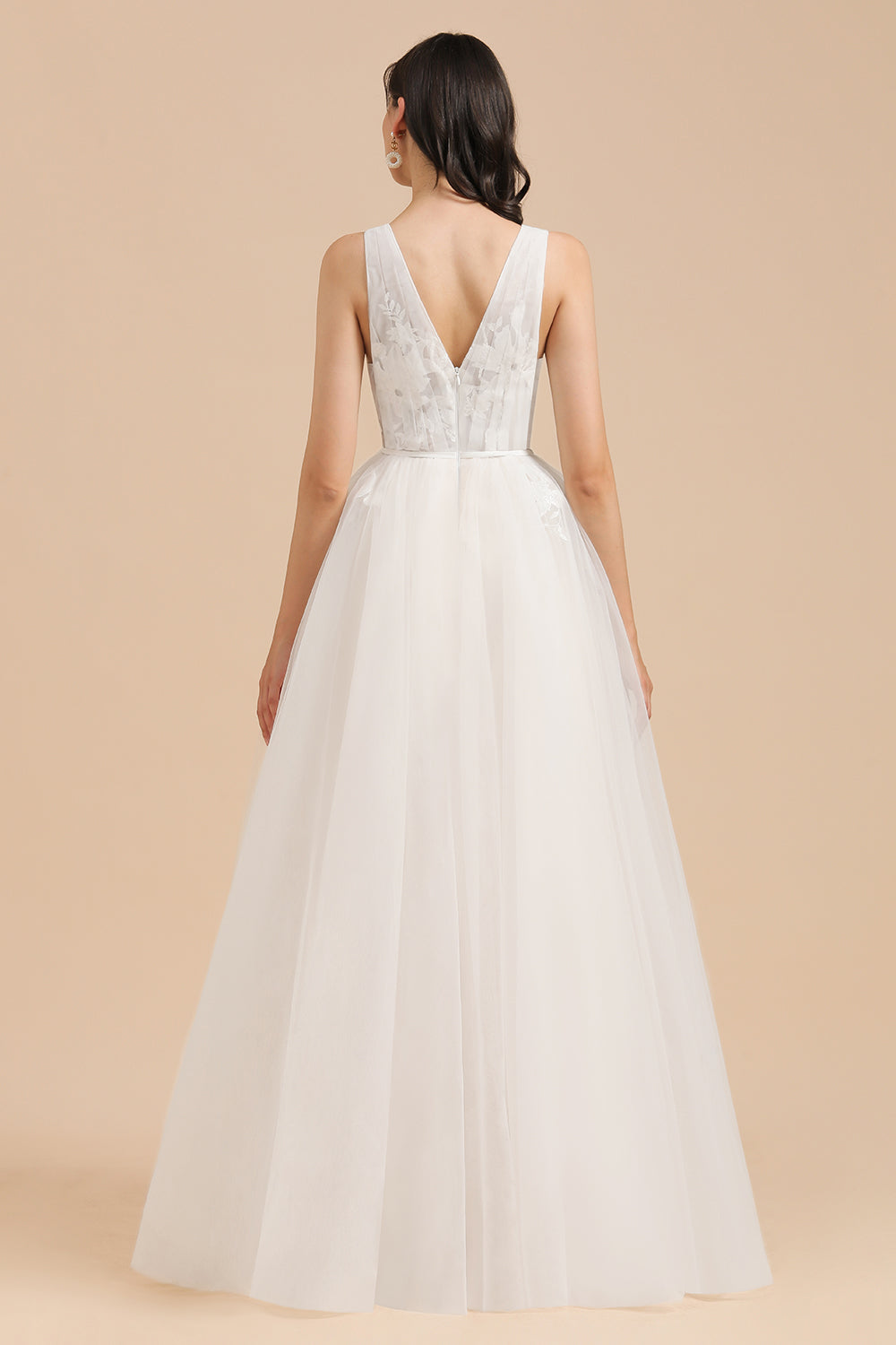 Vestido de novia sencillo con escote en V, apliques de encaje de tul, vestidos de novia de jardín, largo hasta el suelo