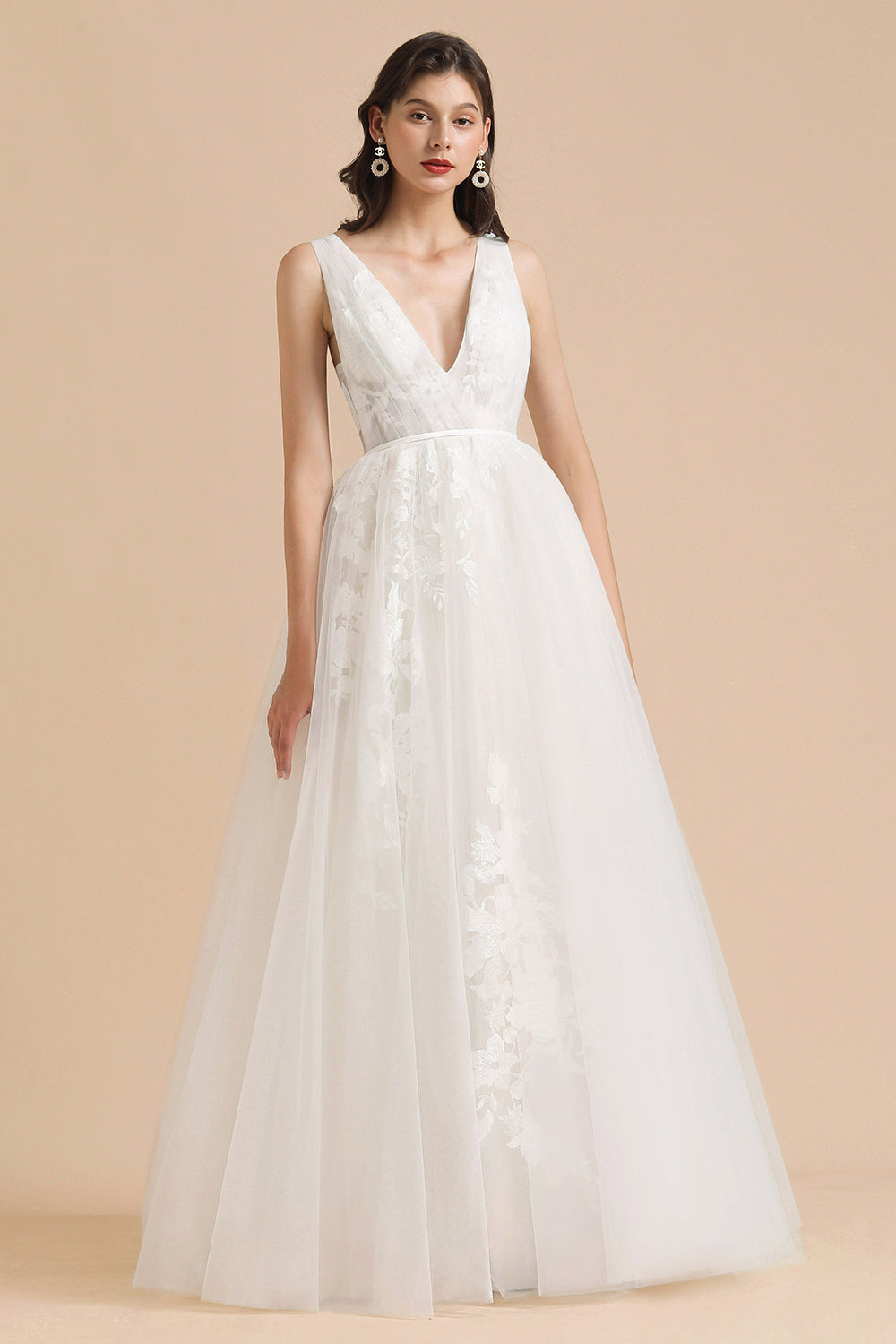 Vestido de novia sencillo con escote en V, apliques de encaje de tul, vestidos de novia de jardín, largo hasta el suelo