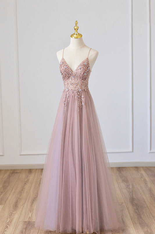 Vestido de fiesta largo de tul rosa con corte A, vestido formal rosa con escote espagueti y cuentas
