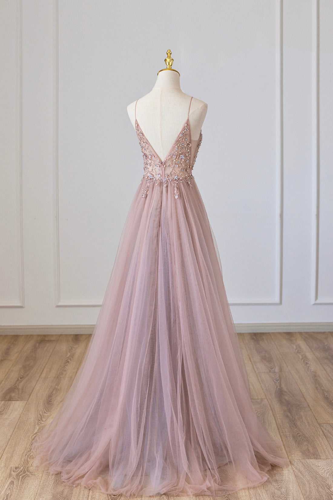 Vestido de fiesta largo de tul rosa con corte A, vestido formal rosa con escote espagueti y cuentas