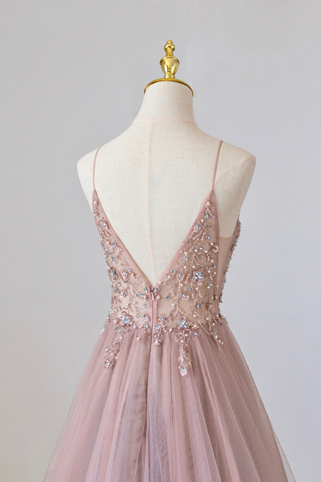 Vestido de fiesta largo de tul rosa con corte A, vestido formal rosa con escote espagueti y cuentas