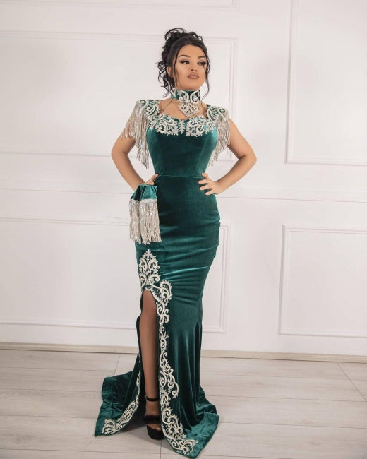Vestidos de fiesta de sirena largos con abertura en terciopelo verde oscuro