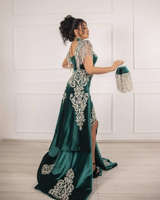 Vestidos de fiesta de sirena largos con abertura en terciopelo verde oscuro