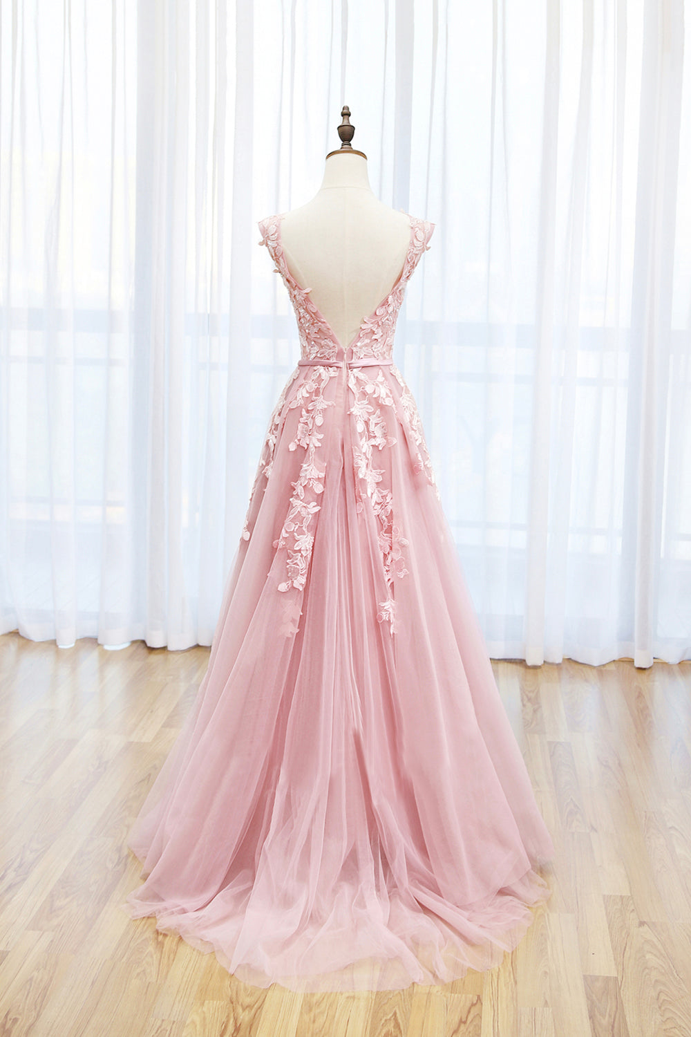 Langes Ballkleid aus Tüllspitze, schönes Abendkleid in A-Linie mit offenem Rücken
