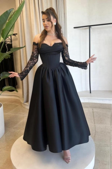 Vestido de fiesta vintage de satén con escote en forma de A, manga larga y apliques negros