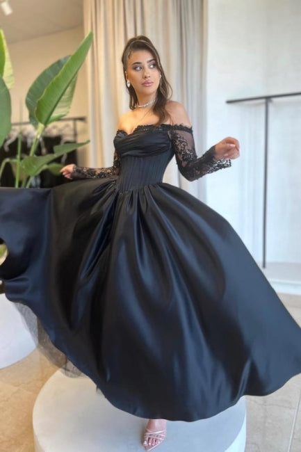 Vestido de fiesta vintage de satén con escote en forma de A, manga larga y apliques negros