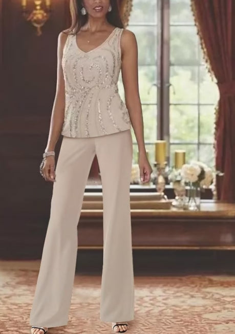 Vestido de madre de dos piezas de gasa con mangas largas y joya vintage con lentejuelas