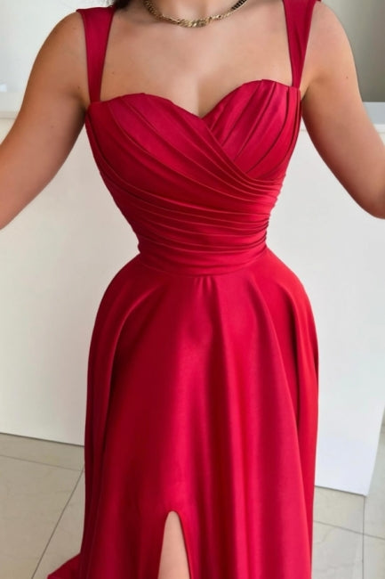 Vestido de fiesta vintage largo rojo de satén en forma de A, plisado, sin mangas y con abertura