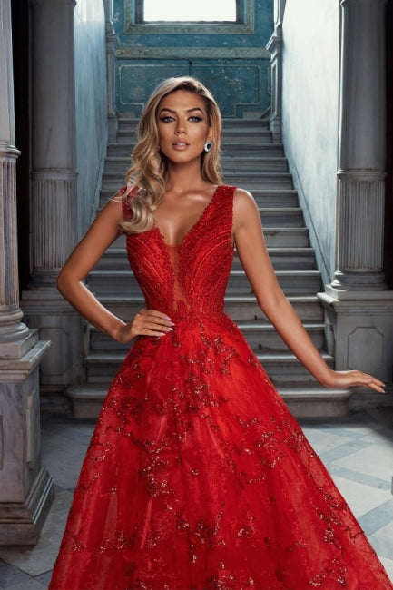 Vestidos de fiesta vintage de tul rojo con escote en V, sin mangas, corte A y apliques