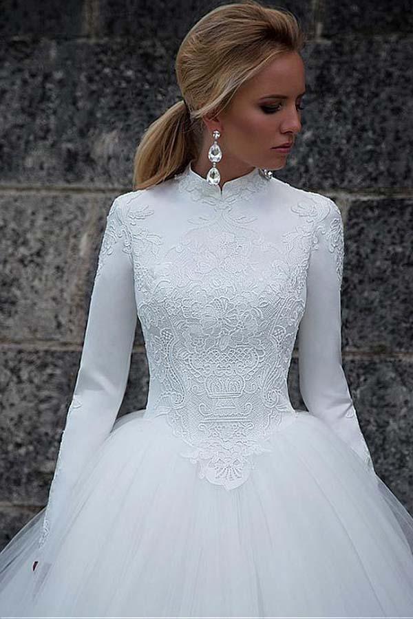 Vintage Satin Hoher Kragen Natürliche Taille Ballkleid Brautkleid