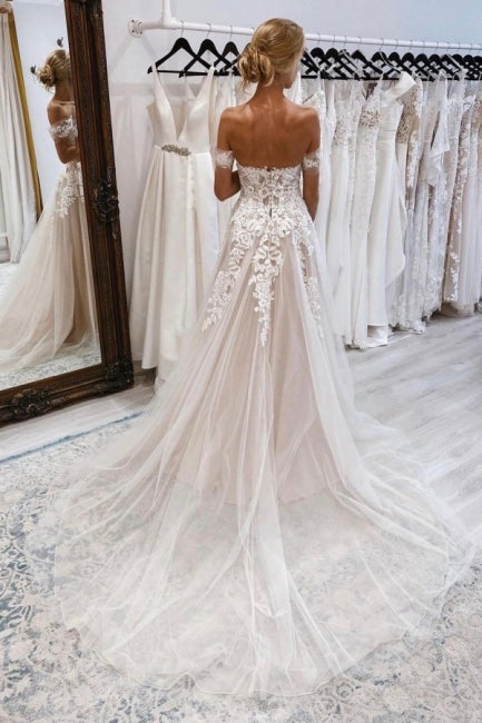 Vintage Herzausschnitt Off-the-Shoulder Flügelärmel A-Linie Spitze Brautkleid