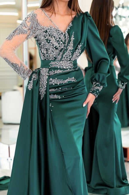 Vestidos de fiesta vintage de sirena con escote en V, mangas largas y volantes