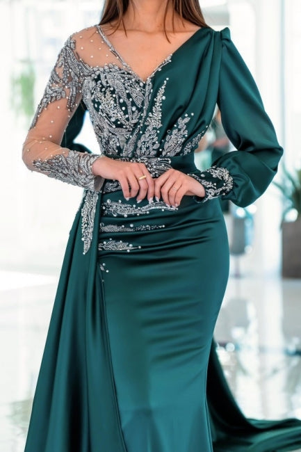 Vestidos de fiesta vintage de sirena con escote en V, mangas largas y volantes