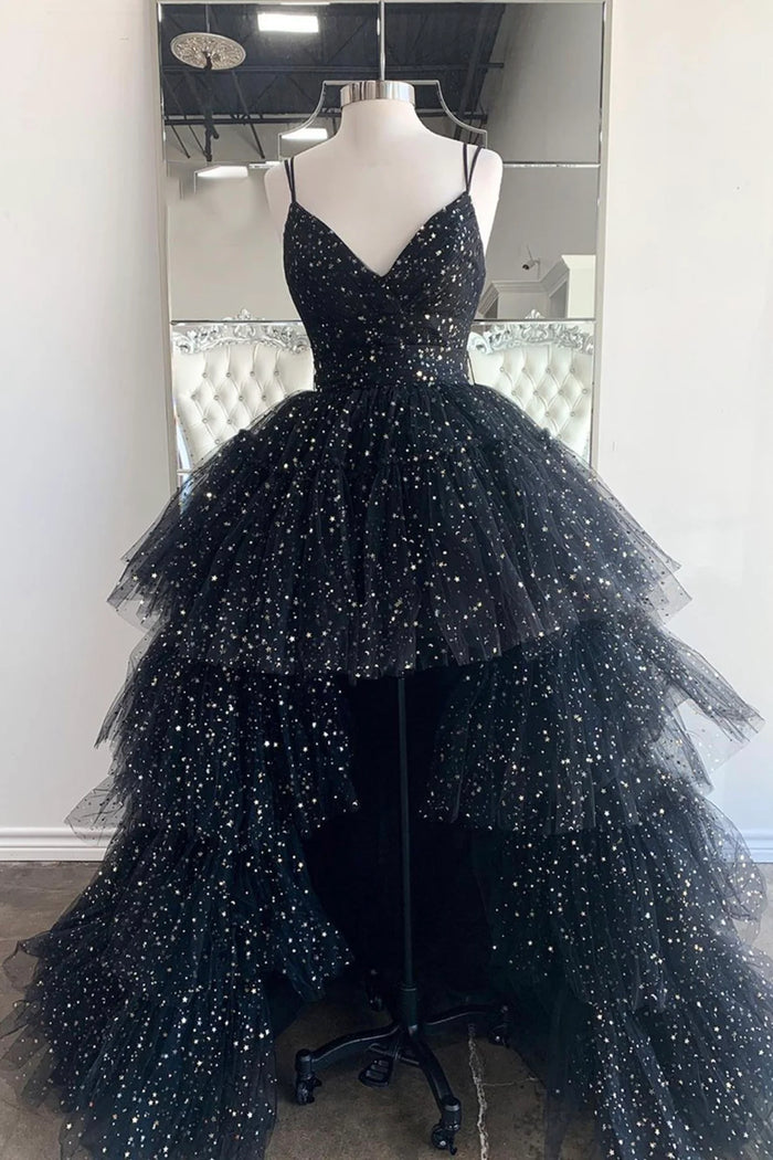 Roycebridal Nathalia | Vestido de fiesta de tul con corte A, tirantes finos y capas, corte asimétrico