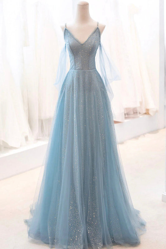 Vestido de fiesta largo de tul brillante, vestido de noche de corte A con tirantes finos