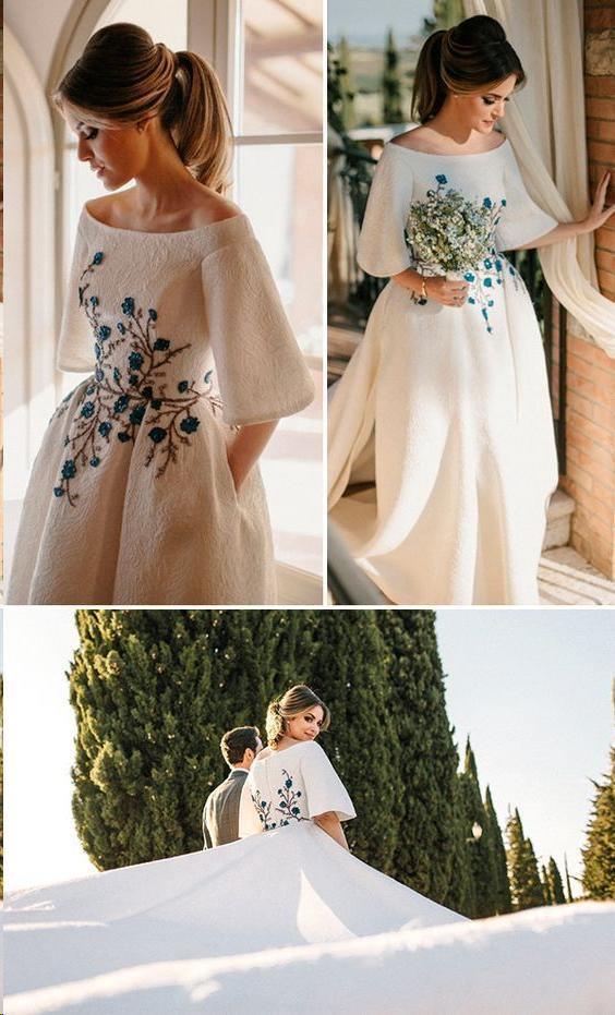 Brautkleider Bateau Stickerei Romantisches Halbarm Brautkleid