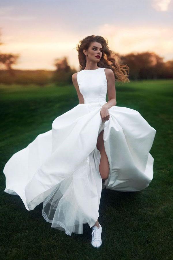 Wedding Dresses Scoop A-line Long Train Simple Satin Bridal Gown
