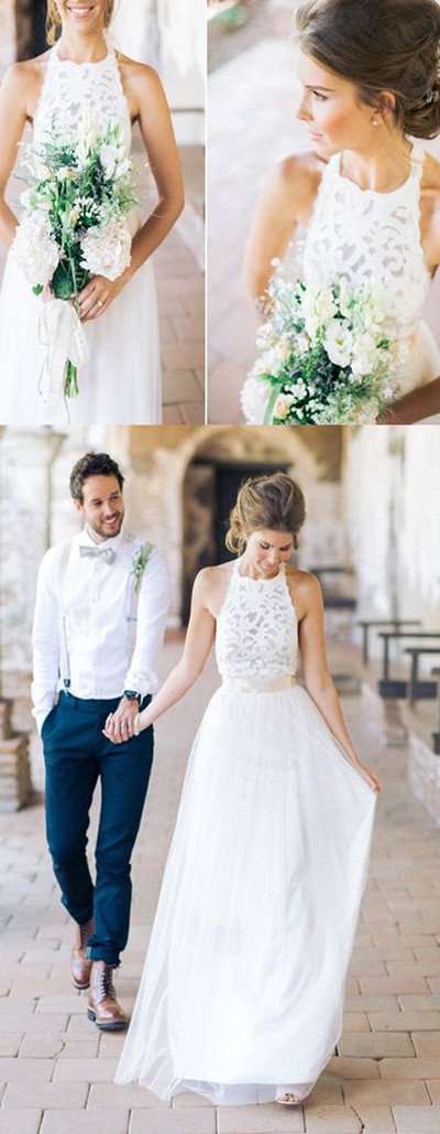 Roycebridal Simple White Halter Lace Long Sheath Beach Wedding Dresses Bridal Dresses, MW241