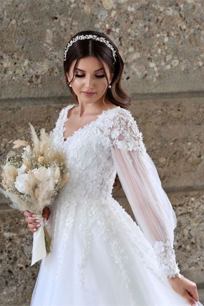 Weißes A-Linien-Brautkleid aus Tüll mit langen Ärmeln und Spitze