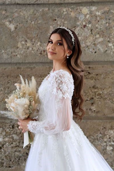 Weißes A-Linien-Brautkleid aus Tüll mit langen Ärmeln und Spitze