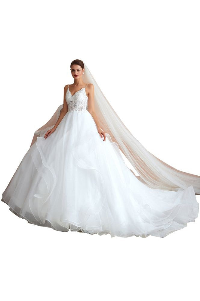 Vestido de novia blanco con cola de capilla, tirantes finos, transparente y con cordones, a la venta.