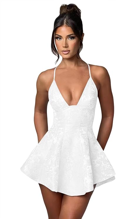 Vestido de fiesta corto de satén con volantes, corte A, cuello halter, espalda descubierta y jacquard