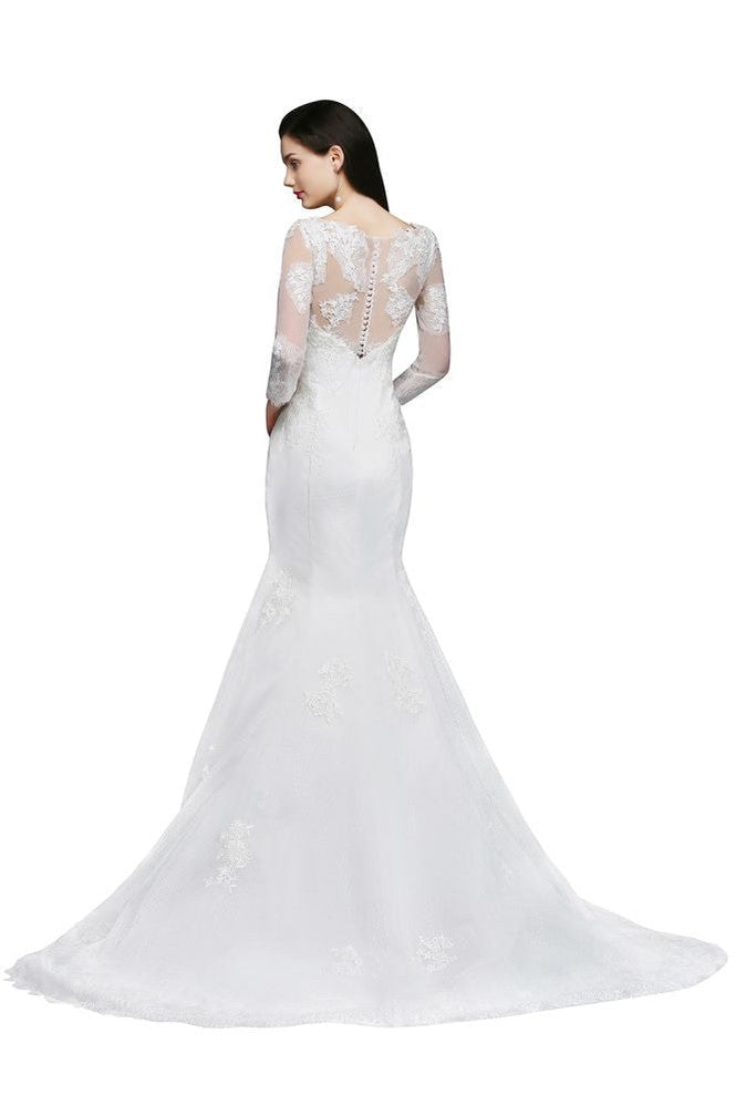 Weißes Meerjungfrau-Brautkleid aus Spitze mit Juwelen