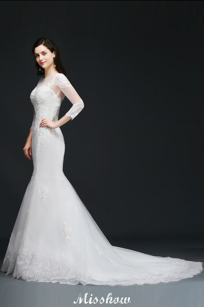 Weißes Meerjungfrau-Brautkleid aus Spitze mit Juwelen